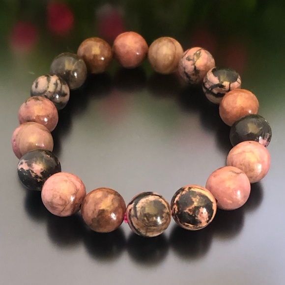 Rhodonite 10mm Natural Stone Beads Stretchable Bracelet - Picture 2 of 2